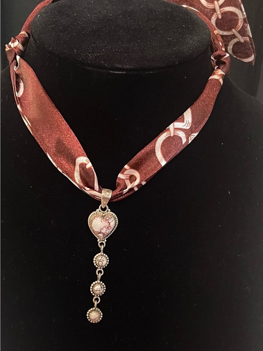 Silk Ribbon Brown Heart Pendant Wildhorse Magnesite Pendant Sterling Silver.